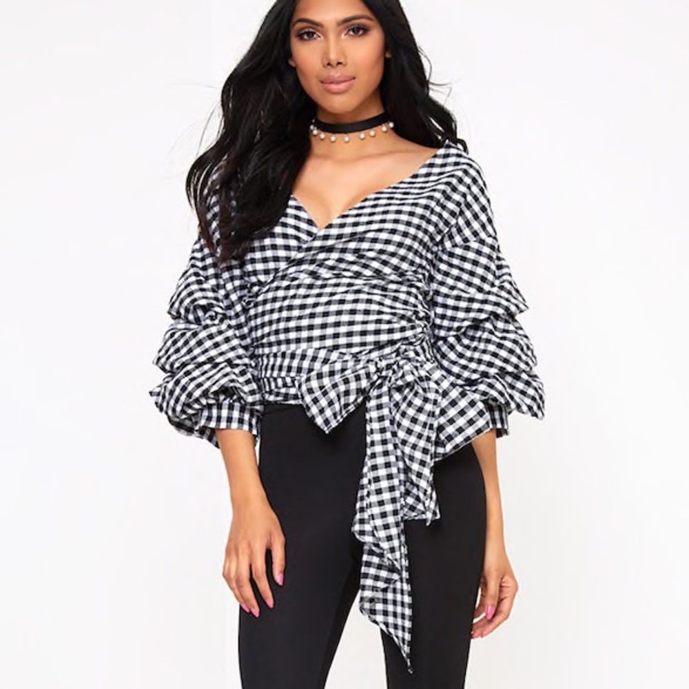Pretty Little Thing Black Gingham Ruffle Shirt